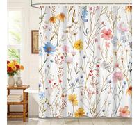 Kzzfqxb 180x200cm Cortinas de Ducha Florales con Ganchos de plástico, Hierbas botánicas Amarillo Azul Rosa Flores Tallos Margarita Impermeable ocluido para bañera, Tela de poliéster para baño