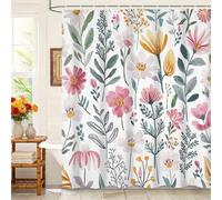 Kzzfqxb 180x200cm Cortinas de Ducha Florales con Ganchos de plástico, Hierbas botánicas Flores Amarillas Rosas Hojas Verdes Tallos Impermeable Ocludedant para bañera, Tela de poliéster para baño