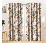 Kzzfqxb 2 Paneles 117x229cm Cortinas Florales, marrón Blanco Azul Amarillo Flores Margaritas Silvestres Hojas Verdes para Ventana para Sala de Estar Comedor Dormitorio decoración botánica