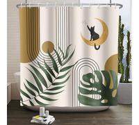 Kzzfqxb 90x183cm Boho Cortinas de Ducha con Ganchos, Arco Beige Marrón Sol Luna Gato Hojas Verdes Arte Moderno Ocluido Impermeable para baño, Tela de poliéster Bañera Decoración estética