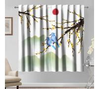 Kzzfqxb Cortinas con diseño de Flores Chinas 2 Paneles 107x215cm, diseño de pájaros Azules, Amanecer, colinas Verdes, para Sala de Estar y Dormitorio Elegante poético