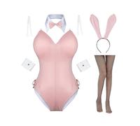 (L (55-60kg),Pink)Womens Bunny Costume Girl Suit Senpai Cosplay Anime Role Costume One Piece Bodysuit Stockings Set _b