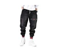 (L,black)Men Harem Pants Drawstring Elastic Waist Ankle-banded Pockets Solid Color Plus Size Loose Hip