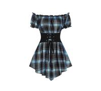 (L,Blue2301)New Fashion Croset Style Off The Shoulder Corset Waist Plaid Women Top Fashion Hide Tummy Short Sleeve Tee For Summer