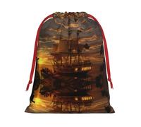 L - Bolsa de Navidad con cordón, diseño de barco festivo al atardecer, bolsas de fiesta de Navidad, bolsas de felpa reutilizables