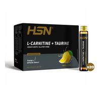 HSN L-carnitina + Taurina líquidas - Limón 20x25ml | 2000mg L-Carnitina y 1000mg Taurina por Vial. Con 50mg de Cafeína Natural. Formato "On The Go" listo para tomar. Vegano
