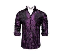 (L,deep lilac)Dibangu Silk Men's Shirts Long Sleeve Slim Fit Shirt For Men Purple Paisley Blouse Outerwear