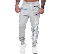 L.gonline - Pantalones largos de chándal para hombre, 100 % algodón, cómodos pantalones de deporte, puños acanalados, fitness, con cordón, bajos estrechos, Monte Carlo 592 gris/blanco M