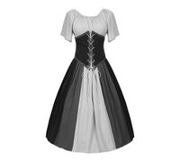 (L-GRAY) Vestido túnica medieval para mujer, un hombro, mangas abullonadas, falda amplia con vuelo,