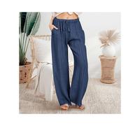 (L,Navy)Women's Plus Size Loose Cotton Linen Casual Pants
