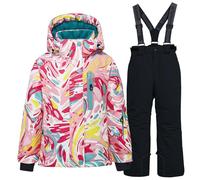 L PATTERN Conjunto de traje de esquí infantil de 2 piezas con capucha, impermeable, resistente al viento, traje de nieve para niños y niñas, chaqueta de esquí cálida y pantalones de esquí, rosa