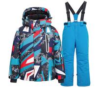 L PATTERN Conjunto de traje de esquí infantil de 2 piezas con capucha, traje de nieve impermeable a prueba de viento para niños y niñas, chaqueta de esquí cálida y pantalones de esquí, geométrico +
