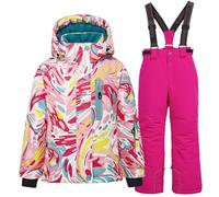 L PATTERN Conjunto de traje de esquí infantil de 2 piezas con capucha, traje de nieve impermeable a prueba de viento para niños y niñas, chaqueta de esquí cálida y pantalones de esquí, rosa brillante