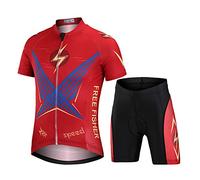 L PATTERN Niño Niña Maillot de Ciclismo Camiseta de Manga Corta + Pantalones Cortos Transpirables Traje de 2 Piezas Conjunto de Jersey Ropa, Rayo Rojo, L/8-9 Años