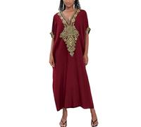 L-Peach Caftán vestido largo de playa con bordado para mujer, ropa de descanso, ropa de hogar, talla grande, cubre-bañador, batas, A2 Rojo, Altoa única