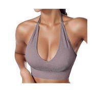 (L,Purple)Women's Halterneck Sports Bra Backless Deep V Neck Sports Bra Padded Sexy Gym Push Up Bra Backless Adjustable Straps