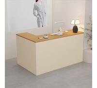 L-Shaped Reception Desk, with Storage Drawers, & Open Shelves,Suitable for Salons, Offices, Lobbies, Retail Stores(Wood+Beige Right,180cm)