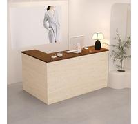 L-Shaped Reception Desk, with Storage Drawers, & Open Shelves,Suitable for Salons, Offices, Lobbies, Retail Stores(Brown+Beige Right,240cm)