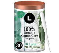 L. Tampones de algodón orgánico, paquete doble de absorción ligera/regular, sin blanqueamiento de cloro, pesticidas, fragancias o tintes, aplicador de plástico sin BPA, 30 unidades