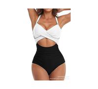 (L,White+Black)One piece swimsuit sexy hollow out women's swimsuit backless tight strap bikini