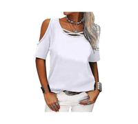 (L,White)Women's summer shirt-style tops, cotton blend, off-the-shoulder short sleeves, waist-cinched and loose design