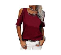 (L,Wine Red)Women's summer shirt-style tops, cotton blend, off-the-shoulder short sleeves, waist-cinched and loose design
