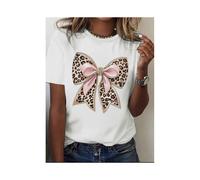 (L)Women's Round-neck Four Seasons Comfortable Casual T-shirt with Leopard Print Bowknot Pattern