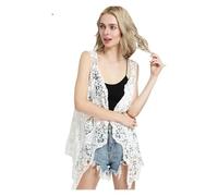 L6NqIAG Chaleco de punto de ganchillo hueco Cárdigan asimétrico con parche floral y cubierta de playa crochet retro