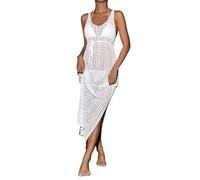 L6NqIAG Vestido Playero de Malla Transparente for Mujer, Vestido Playero Sexy sin Mangas con Abertura, Traje de baño Liso de Rejilla for Verano Vestidos de Playa(White)
