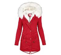 L9WEI Abrigo de invierno grueso y cálido para mujer, chaqueta de entretiempo con cremallera, cómoda parka de longitud media con capucha para excursiones de vacaciones y actividades de exterior, rojo,