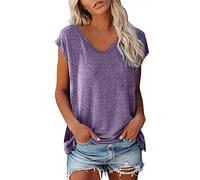L9WEI Camiseta de manga corta para mujer, cuello de pico, color liso, manga corta, para verano, cómoda, morado, L