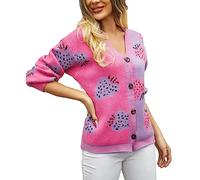 L9WEI Cárdigan para mujer, ligero, corto, cárdigan estampado de fresa de manga larga, cuello en V, abrigo de punto con botones, Rosa caliente., L