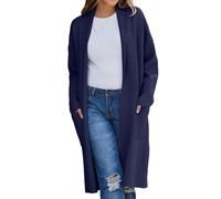 L9WEI Chaqueta para mujer, otoño e invierno, cárdigan largo para mujer, monocolor, frente abierto, de punto, manga larga, con bolsillos, cálido, X01-Marine, XL