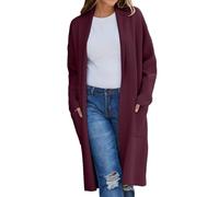L9WEI Chaqueta para mujer, otoño e invierno, cárdigan largo para mujer, monocolor, frente abierto, de punto, manga larga, con bolsillos, cálido, X01-vino, XL