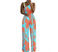 L9WEI Mono elegante con un solo hombro para mujer, cintura alta, pierna ancha, estilo informal, suelto, estampado, túnica, ideal para fiesta, Azul cielo., S