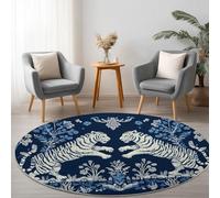 la Alfombra Art Déco Niños, Alfombra 60 cm Azul Oscuro Antideslizante Alfombras Redondas Lavables en Lavadora, Habitacion Comedor Flores Animales Tigre impresión Tapetes Pelo Corto