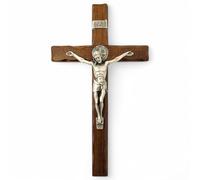 La Balestra - Crucifijo de San Benito - En madera natural - Crucifijo de pared - Cristo chapado en plata 999 - Realizado en Umbria, Italia - Medidas 35,5 x 16,5 x 3,5 cm