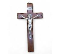 La Balestra - Crucifijo de San Benito - En madera natural - Crucifijo de pared - Cristo chapado en plata 999 - Realizado en Umbria, Italia - Medidas 21,5 x 9,5 x 3 cm