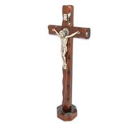 La Balestra - Crucifijo de San Benito en madera natural de mesa - Cristo chapado en plata 999 - Fabricado en Umbría (Italia) - Medidas 25 x 14 cm