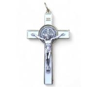 La Balestra Crucifijo para collar, cruz de San Benito Made in Italy - Colgante artesanal crucifijo chapado en oro de 18 K, cuerpo de Cristo de metal - Medalla San Benito (blanco)