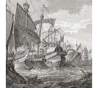 La batalla del cabo Ecnomus o Eknomos 256 aC entre las flotas de Cartago y la República romana durante la Primera Guerra Púnica (264 241 aC). De la Historia Universal Ilustrada de Cassell publicada en