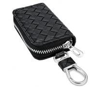 La bolsa para llaves de casa se puede utilizar intercambiablemente con la cartera. La cremallera de metal es segura y resistente, Patrón negro entretejido, 11x5.5x2 cm, Moderno y elegante