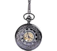 La cadena negra gruesa grande que esculpe el encaje saca los regalos del reloj de bolsillo mecánico clásico brillante del reloj de bolsillo para la familia