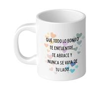 LA CASA DE LAS TAZAS Taza Blanca con Frase Bonita, Apta para Microondas y Lavavajillas, Diseño de Corazones, Regalo Único. Que todo lo bonito te encuentre