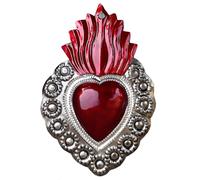 La Casa di Frida Corazón floral artesanal mexicano, ex-voto, colgante (15 x 10 cm)