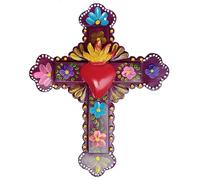 La Casa di Frida Cruz con corazón y flores, artesanía mexicana, hecha a mano, de metal, 34 x 27,2 cm (B)