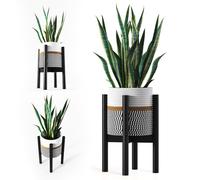 LA CASITA DE AMARA - Conjunto Macetero Textil + Soporte Plantas Bambú para Plantas Artificiales Decorativas o Plantas Naturales Interior. Macetero con Pie para Decoracion Hogar en color Negro