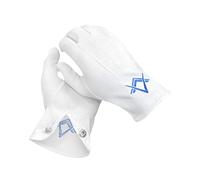 LA COLECCIÓN MASÓNICA Guantes de algodón blanco - Logotipo de escuadra y compás bordado en azul real - Lavables y reutilizables - Accesorio de regalo masónico para hombres