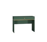 La consola fort en verde y dorado es de parquet y presenta un diseño moderno.