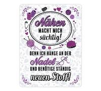 La costura me hace adictivo cartel de metal en 15 x 20 cm como decoración para la sala de coser de mamá y abuela con broma macabra sobre las drogas